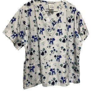 Happy Scrubs Womens XL Scrub Top White w/Blue Forest Animals Deer Owl Kids Print
